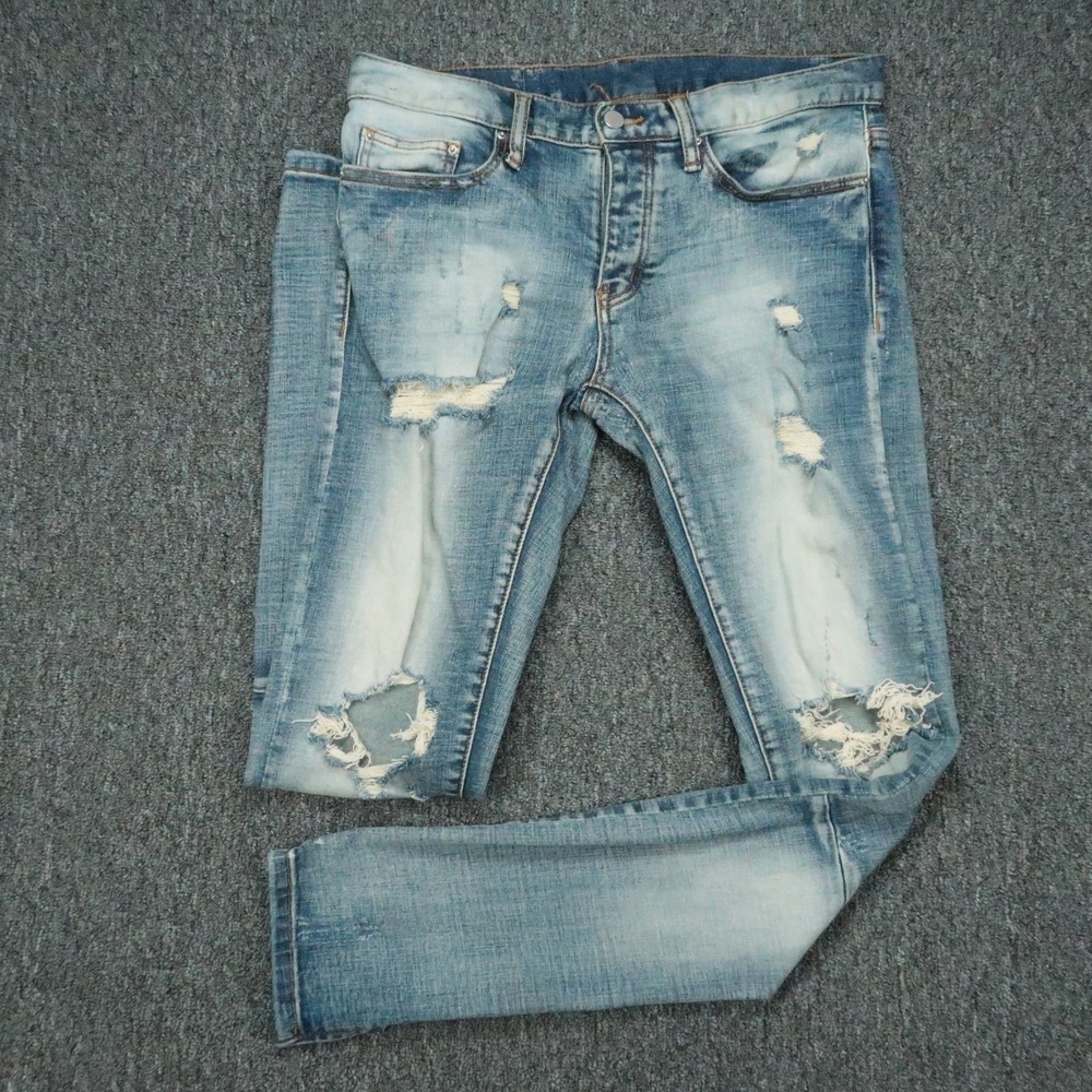 Mnml Jeans Mens 30x34 Blue Distressed Ripped Slim Ankle Zip Stretch Light Wash